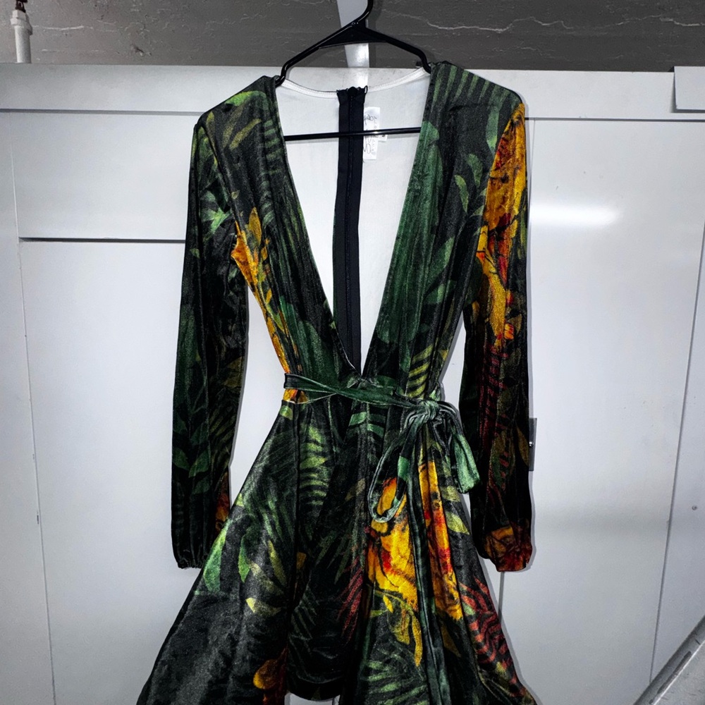 Tropical Print Deep V-Wrap Long Sleeve Dress in Green and Yellow